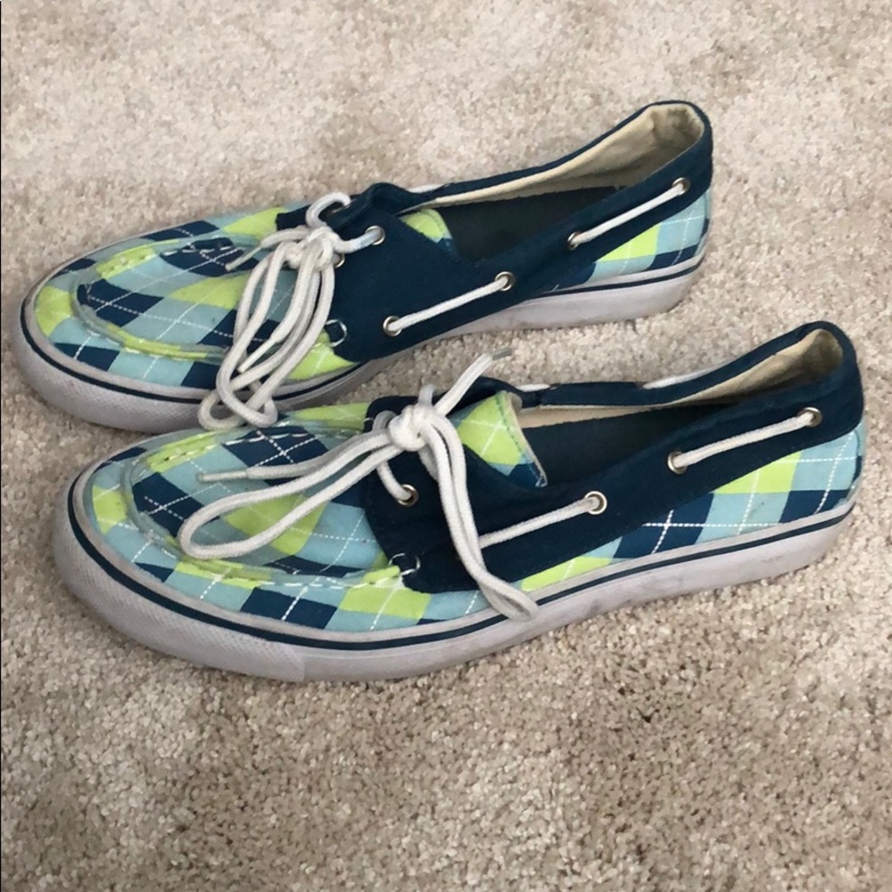 Blue and green argyle blue fin boat shoes- size 8